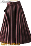 yipinpay Autumn Winter Skirt Women With Belt Long Metallic Silver Maxi Pleated Skirt Midi High Waist Fashion Vintage Saia Party
