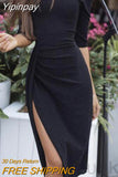 Yipinpay Women Off Shoulder Half Sleeve Slim Bodycon Ruffles Elegant Solid Color Evening Party Split Dress Formal Dresses