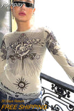 yipinpay Mesh Top Women Streetwear Long Sleeve Graphic Tee See Through O Neck Tops Slim Anime T-shirt Sexy Crop Top Women Clothing