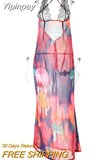 Yipinpay MO 2023 Summer Elegant Tie Dye Floral Chiffon See Through Maxi Dress Sexy Women Backless Lace Bodycon Beach Party Robe