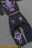 Yipinpay Jeans Women Hip Hop Retro Skull Embroidery Washed Baggy Jeans Harajuku New Straight Casual Loose Wide Leg Pants Streetwear