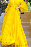 Yipinpay Flare Sleeve Pleated Dress For Women Fashion Solid Deep V-Neck Maxi Dresses 2023 Trend Chic Evening Party Vestidos
