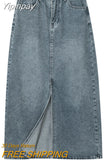 Yipinpay Blue Washed Denim Midi Skirt For Women Fashion Y2k Casual Loose Straight Long Skirts Jeans Knee Length A Line Waist Female
