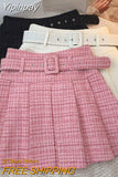 Yipinpay Tweed Belt Pleated Skirt Women Fashion 2023 Autumn Winter Elegant Cute High Waist Solid A-line Mini Skirt Office Ladies
