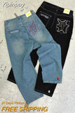 Yipinpay Baggy Casual Wide Leg Jeans Women Street Retro Hip Hop Embroidery Jeans Trend Fashion Black High-waist Jean Y2k Men Clothing