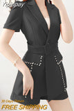 Yipinpay Professional Women's Two-piece Office Women's Temperament Waist Short Sleeve Beaded Pocket 2 Piece Set Shorts and Jacket