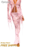 Yipinpay Fashion Womens Two Piece Summer Outfits Tie-Up Front Sheer Mesh Tops And Long Skirt Set Club Party Street Style S-XL