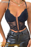 Yipinpay Women Sleeveless Camisole with Adjustable Bandage Lace Backless Sexy Mesh Perspective Summer Clothing Club Wear