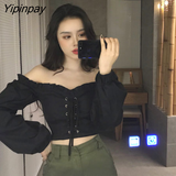 Yipinpay Womens Off Shoulder Top Long Sleeve Ruffle Vintage Blouse with Puff Sleeves Lace Up Ladies Tops Bandage Crop Tops