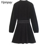 Yipinpay New Women Velvet Mini Dresses With Belt 2023 Spring Autumn Elegant Ladies Soft Dresses Long Sleeve A-line Vestidos