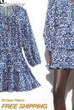 Yipinpay Blue Print Mini Dress Woman Ruffle Short Dresses Women Long Sleeve Casual Dresses For Women Summer 2023 Vintage Dress
