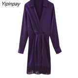 Yipinpay 2023 Women Mini Sexy Tassel Dresses Spring Summer Elegant Turn Down Collar Party Dress Long Sleeve Folds A-line Vestidos
