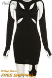 Yipinpay Cyber Gothic Grunge Women Mini Dresses Dark Punk Y2k Bodycon Long Sleeve Summer Dress Black Sexy Hollow Out Clubwear