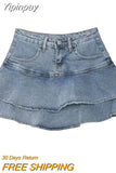 Yipinpay Sexy Ruffle Mini Skirt Denim Women Summer Vintage Cute High Waist Patchwork A-line Short Jeans Skirt Gyaru Streetwear