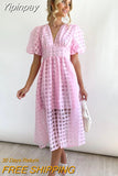 Yipinpay Women Elegant Hollow Out Puff Sleeve Dress 2023 Summer Fashion Chic V-Neck Mesh Midi Frock Party Banquet Trend Ladies Vestido
