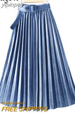 yipinpay Autumn Winter Skirt Women With Belt Long Metallic Silver Maxi Pleated Skirt Midi High Waist Fashion Vintage Saia Party
