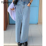Yipinpay Casual Botton Split Denim Skirts Female Sping Summer Vintage Long Skirt Ladies High Waisted Pocket Jeans Skirt