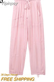 Yipinpay Pink Cargo Pants Women Semi Sheer Baggy Pants Woman Fashion Summer High Waist Parachute Pants Streetwear Women's Trousers