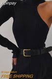 yipinpay Bodysuit Women Top Long Sleeve Body One Shoulder Bodysuits Ruched T Shirt Female Clothing Skinny Streetwear Black Bodysuit