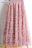 Yipinpay White Long Skirts For Womens Fashion 2023 Summer High Quality Green Dark Brown And Blue Mesh Tulle Cake Midi Skirt Female