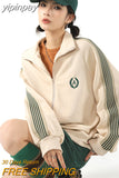 yipinpay Women Apricot Stripe Outwear Sweatshirt Embroidery Fashion Hip Hop Leisure Loose Winter New Cardigan Long Sleeves Coat Tops