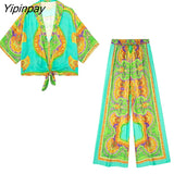 Yipinpay 2pcs Women Printed Pant Shirt Sets 2023 Summer Fashion Turn Down Collar Bow Blouse+Elastic Waist Wide Leg Pants Outwear