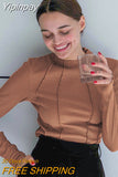 Yipinpay Brown Knitted Tops Women Bodycon T-Shirt Frill Long Sleeve Solid Basic Tops Miyake Pleats Female Inner Tee Office