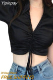 Yipinpay Women Harajuku Clothes Crop Tops Summer 2023 T-shirts y2k Vintage Pleated Drawstring Aesthetic Clothing Streetwear 90s