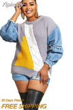 Yipinpay Spirng Autumn Winter Fahion Women O-Neck Knitting Denim Sweaters Sexy Split Irregular Loose Casual Pulloer Sweater Outwear