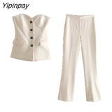 Yipinpay Ladies Solid Blazer Sets 2023 Pretty Strapless Single Breasted Tops Straight Trousers Basic Zipper Pants Causal Suits