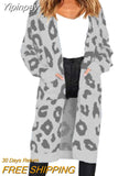 Yipinpay Autumn Winter Long Leopard Cardigan Women Knitted Sweater Oversized Coat Colorful Long Sleeve Women's Clothing Female Robe