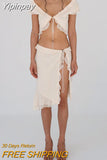 Yipinpay Womens Summer Skirt 2Pcs Suit Solid Color Long Sleeved Ruffled V-Neck Cropped Tops + Low Waist Fish Tail Slit Long Skirt