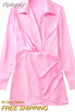 Yipinpay Pink Satin Dress Woman Wrap Short Dresses For Women 2023 Long Sleeve Mini White Dress Lady Fashion Elegant Party Dresses