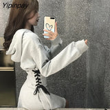 Yipinpay Spring Autumn Women dress Korean style slim high waist Hooded streetwear Corset Lace up Sports dress female dresses