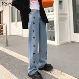 Yipinpay Fashion style Women jeans Vintage Straight Wide leg pants High waist Oversize Loose Long jeans Heart print Casual jean