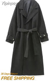 Yipinpay Black Long Coat For Women Long Sleeve Elegant Winter Woman Coats 2023 Fashion Belt Winter Overcoat Female New In Outerwears
