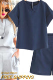 Yipinpay Summer New Cotton Linen Oversized Women's Shorts Sets Solid Fashion Short Sleeve T-shirt Top and Shorts 2 Piece Set Outfits