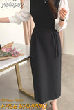 yipinpay Korean Chic Long Sleeve Midi Dresses Women 2023 Spring Autumn Casual Eelgant Office Ladies Dress Sashes Spell Color