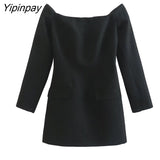Yipinpay 2023 Autumn Ladies Sheath Mini Dresses Elegant Slash Neck Off Shoulder Party Dresses Vintage Pockets Long Sleeve Vestidos