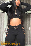 Yipinpay Womens Slim Hollow Out Tracksuit Fashion Long Sleeve Cropped Top Pencil Pants Matching Suit 2023 Trend High Street Clubwear