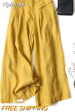 Yipinpay Spring Summer Women's Cotton Linen Wide Leg Pants Loose Elastic High Waist Thin Ladies Skirt Pants Capris Flared Trousers