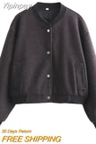 Yipinpay TRAF Fashion Bomber Jackets for Women 2023 Autumn Stand Collar Chic Coats Female Solid with Pocket Casual Jacket Outerwear