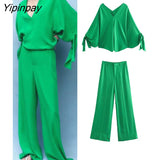 Yipinpay Women's Suits Fashion Batwing Sleeve Blouse + Long Pants 2Pcs Sets 2023 Casual Tops Outfits Elegant Office Ladies Sets