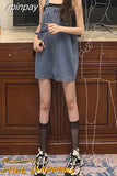 Yipinpay Korean 2000s Fashion Denim Dresses for Large Women Plus Size Summer Casual Teen Strap Retro Jeans Loose Overall Dress Women
