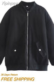Yipinpay TRAF Fashion Oversized Bomber Jackets for Women 2023 Winter Casual Coats Female Chic with Pockets Long Sleeves Outerwear