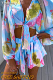Yipinpay Boho Floral Print Lantern Sleeve Crop Top Suit 2023 Summer Fashion Chic Chiffon Shorts Outfits Casual Loose Lady Beach Suit