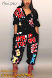 Yipinpay New Style Brand Fashion Hip Hop Style Women Jumpsuit Special Letter Turn Down Collar Half Sleeve Romper Jumpsuit