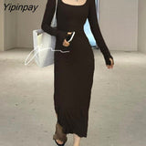 Yipinpay Casual Square Collar Knitted Pencil Dress Women 2023 Autumn Winter Full Sleeve Slim Split Long Badycon Dress Female