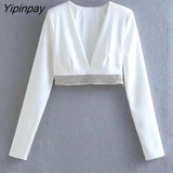 Yipinpay New Tassel Diamonds Mini Skirts Sets Women Fashion Long Sleeved Deep V-Neck Shirts +High Wasit Skirts Sexy Tops