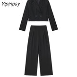 Yipinpay 2023 Women Solid Blazer Pant Sets Spring Autumn Long Sleeve Office Outfits Double Breasted Jacket Zipper Trouser Outwear
